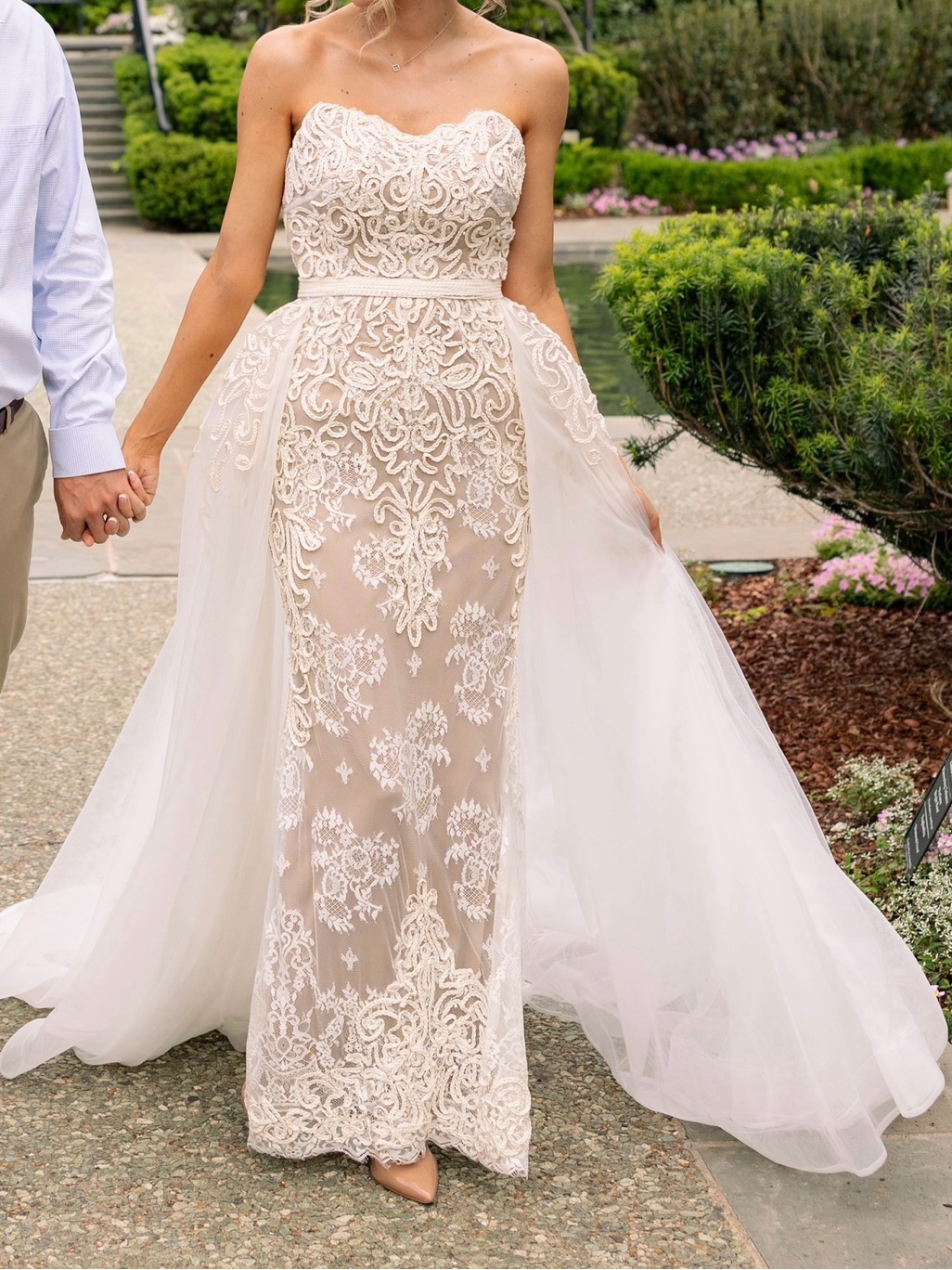 Sherri Hill Ivory Lace Strapless Merlot-Nude Overlay Prom Gown